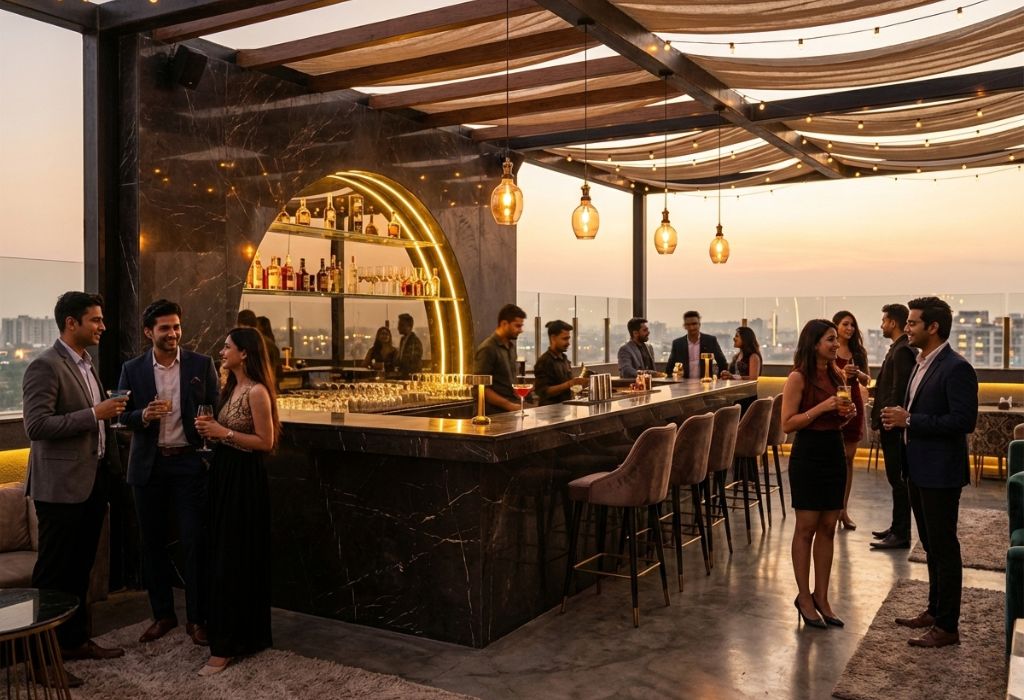 Group of happy people socializing at a cafe event